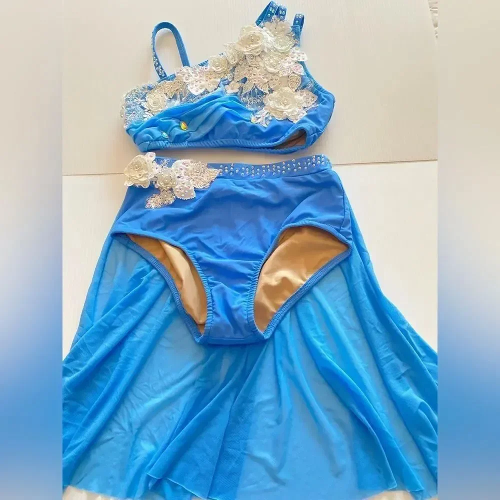 Glamour Lyrical Dance Costume Blue Mesh Skirt Floral Rhinestone SA-Small adult